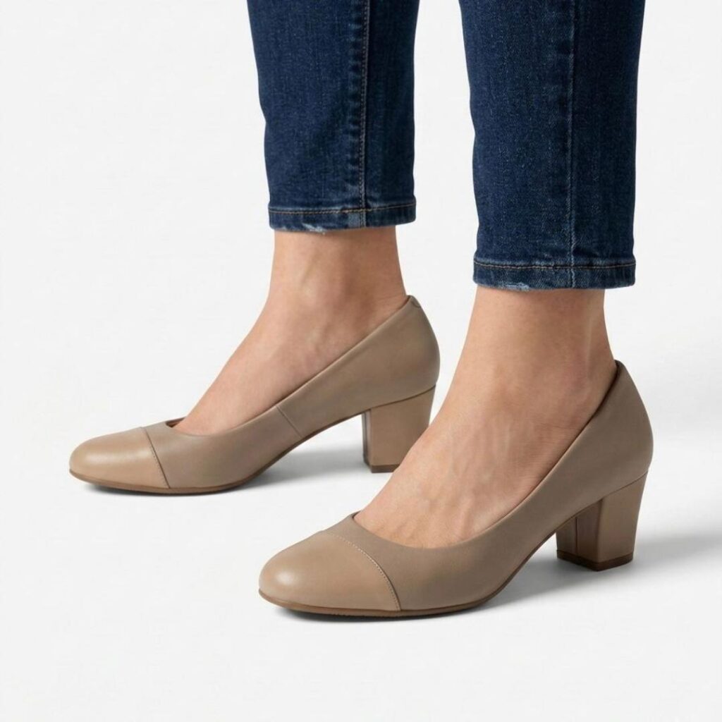 Heels pumps featuring a rounded toe and leather upper