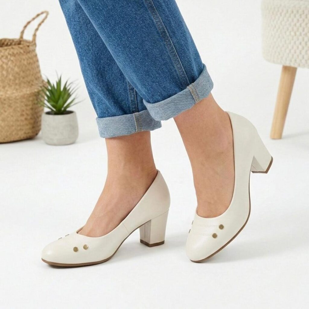Heels pumps featuring a round toe and gold stud embellishments.