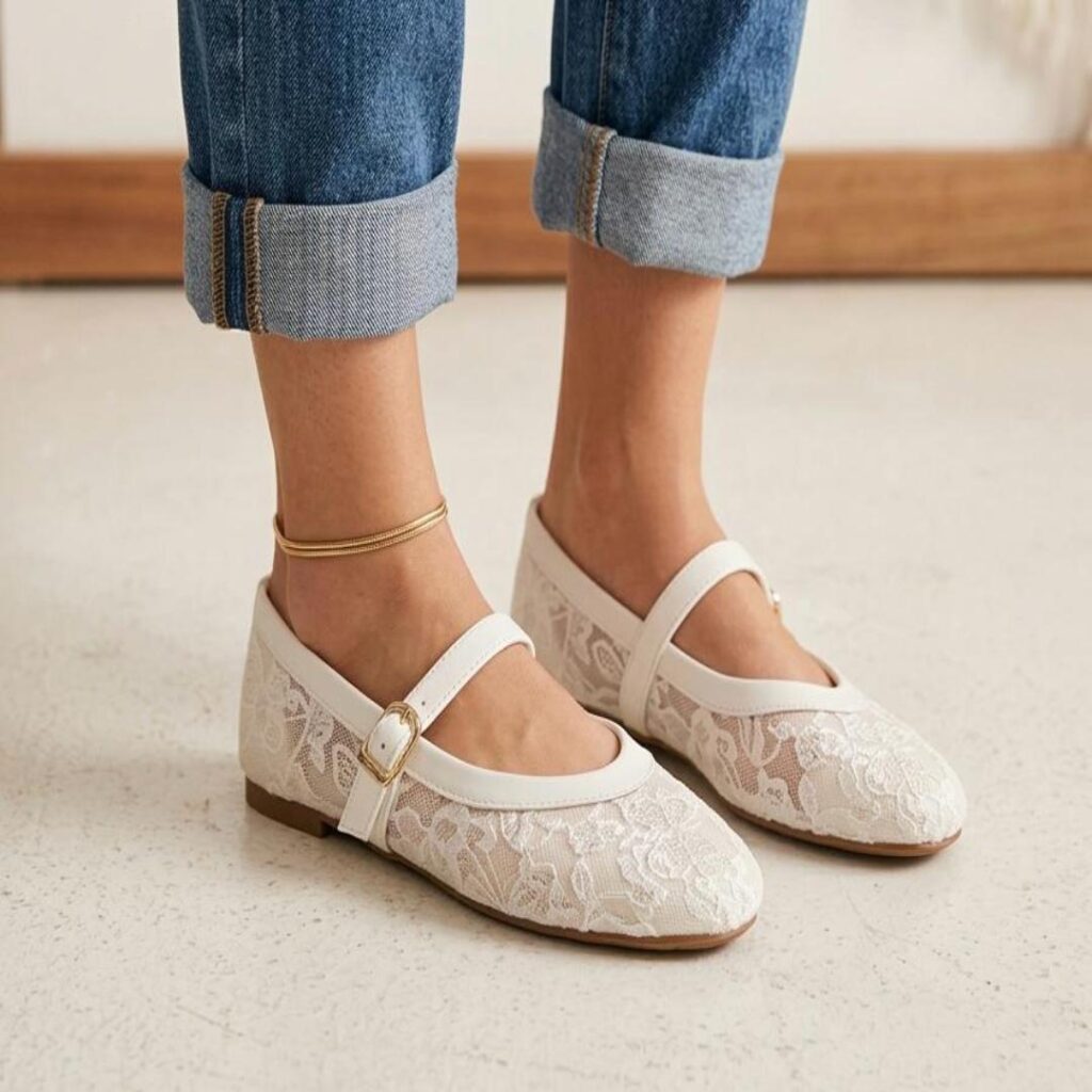 Round-toe ballet flats featuring a floral lace mesh