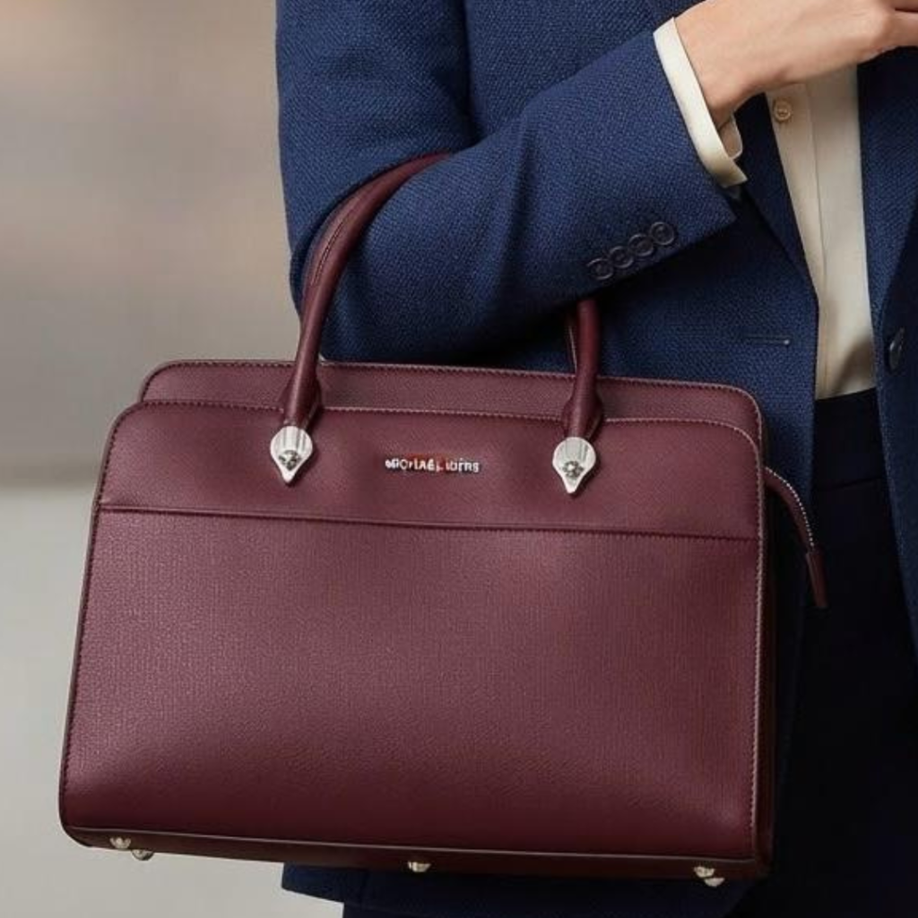 Large Leather Pocket Tote Bag with silver-tone in Burgundy