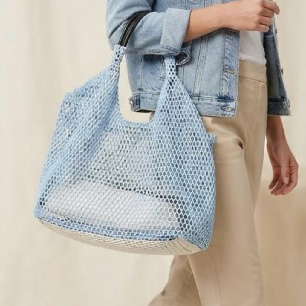 tote bag light blue mesh crochet market